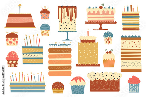 Birthday desserts. Cartoon sweet baked cake with cream and fruits, colorful sweet pastry for celebration. Vector bakery food set