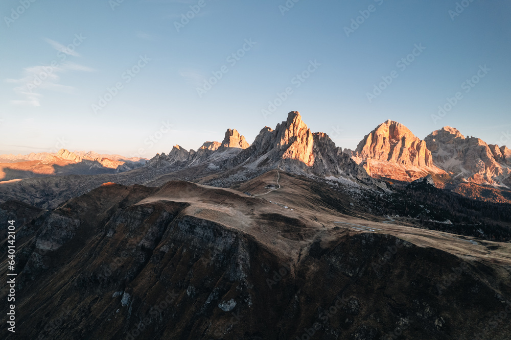Sunrise photo of mountain Nuvolau Averau, Passo Giau in Dolomites, Italy