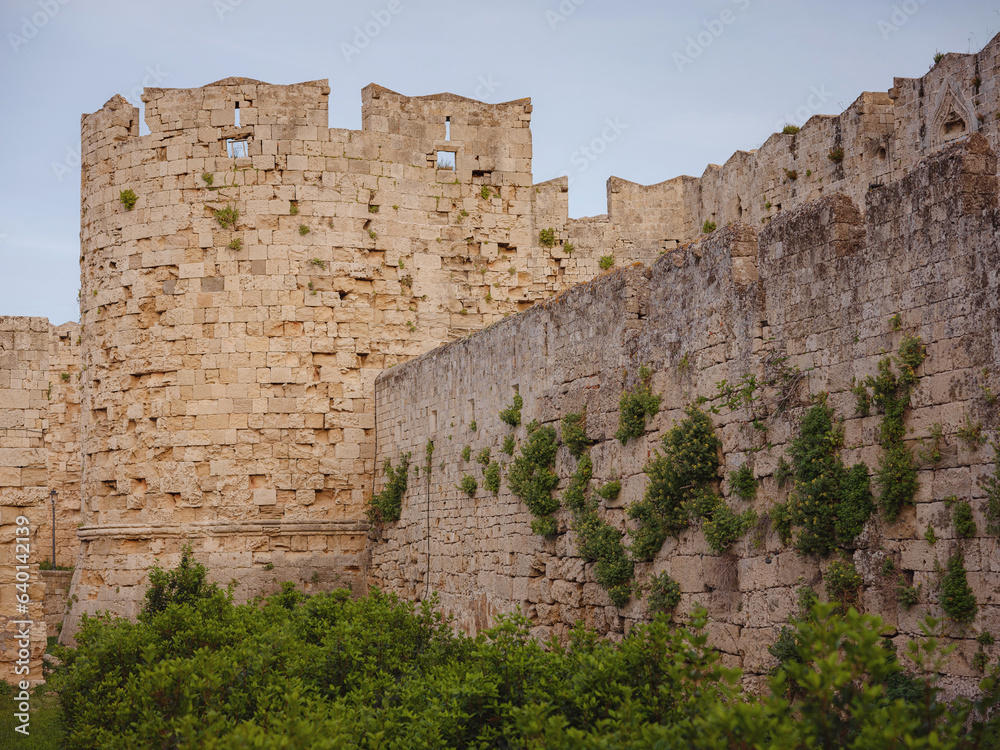 Travel to Greece, Mediterranean islands Rhodes. The walls of the medieval city of Rhodes, fortified stone walls of the fortification defense system of the old city.