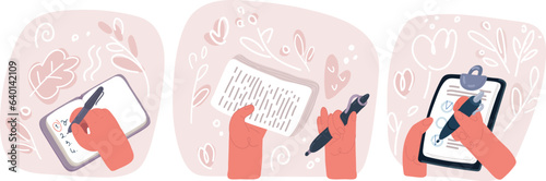 Vector illustration of Writing in notebooks and on paper hands. Cartoon human arms with pencil, pen, brush and tape, making diary, planner decoration, vector set
