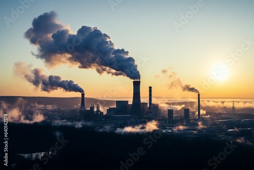 Thermal power plant and factory pipes emit thick white smoke, pollution photo