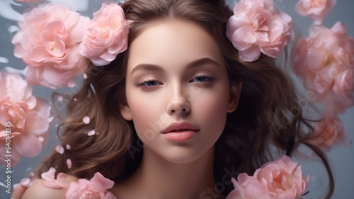 Beautiful blue-eyed woman standing in the background with dark colors and pink flowers, cosmetics shot, beauty industry photography