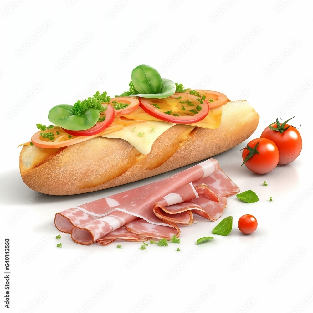 Delectable French Baguette with Tomato, Cheese, Salad, Ham, and Pickles Delectable French Baguette with Tomato, Cheese, Salad, Ham, and Pickles