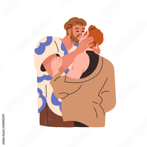 Homosexual men kissing, love couple passion. Young gays, LGBT people in romantic intimate relationships. Enamored valentines, sweet male lovers. Flat vector illustration isolated on white background