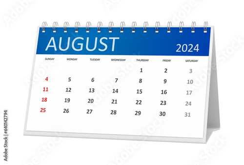 table calendar 2024 august isolated on transparent background