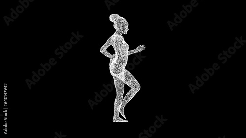 3D Running Woman on black bg. Sports Fitness concept. Healthy lifestyle. Business advertising backdrop. For title, text, presentation. 3d animation. © Оксана Олейник