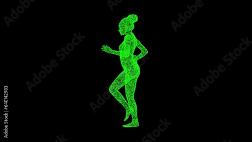 3D Running Woman on black bg. Sports Fitness concept. Healthy lifestyle. Business advertising backdrop. For title  text  presentation. 3d animation.