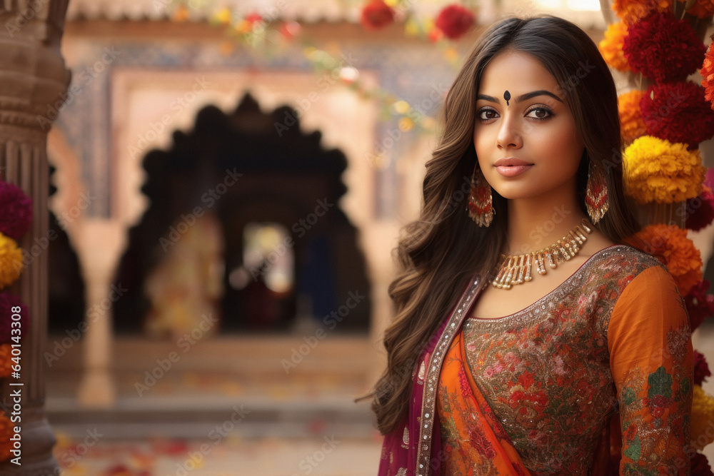Beautiful indian woman or princess in traditional wear and jwellery