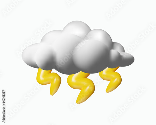3D cloud with raindrops and lightning. Plastic thunderstorm for weather forecast. Vector illustration in clay style. Meteorology rainy season storm. Cloudy climate