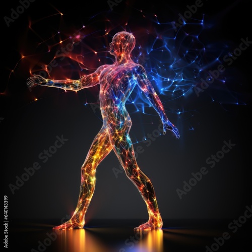 Full length human made from glowing edges and polygons