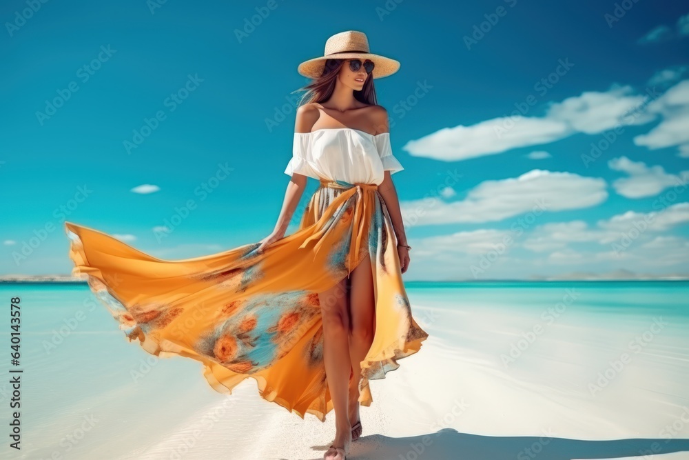 Woman fashion at tropical beach  summer art concept.