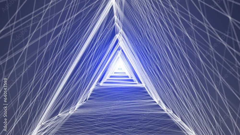 Driving through a triangular oscillating tunnel with light at the end. Abstract animation.