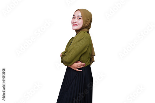 Beautiful young Asian woman in hijab smiling isolated