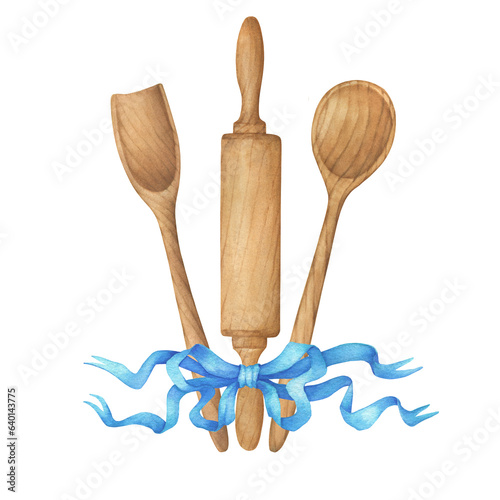 Old wooden brown spoons, rolling pin with blue bow for cooking. Vintage kitchen utensils in provence style. Hand drawn watercolor painting illustration isolated on white background.
