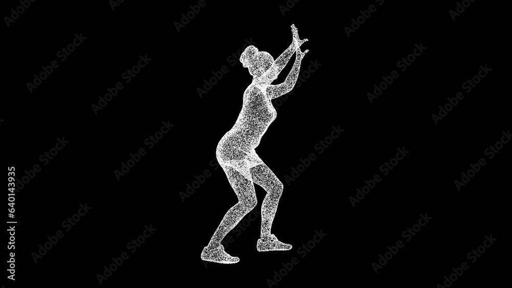 Obraz premium 3D Woman playing volleyball on black bg. Sports Fitness concept. Healthy lifestyle. Business advertising backdrop. For title, text, presentation. 3d animation.