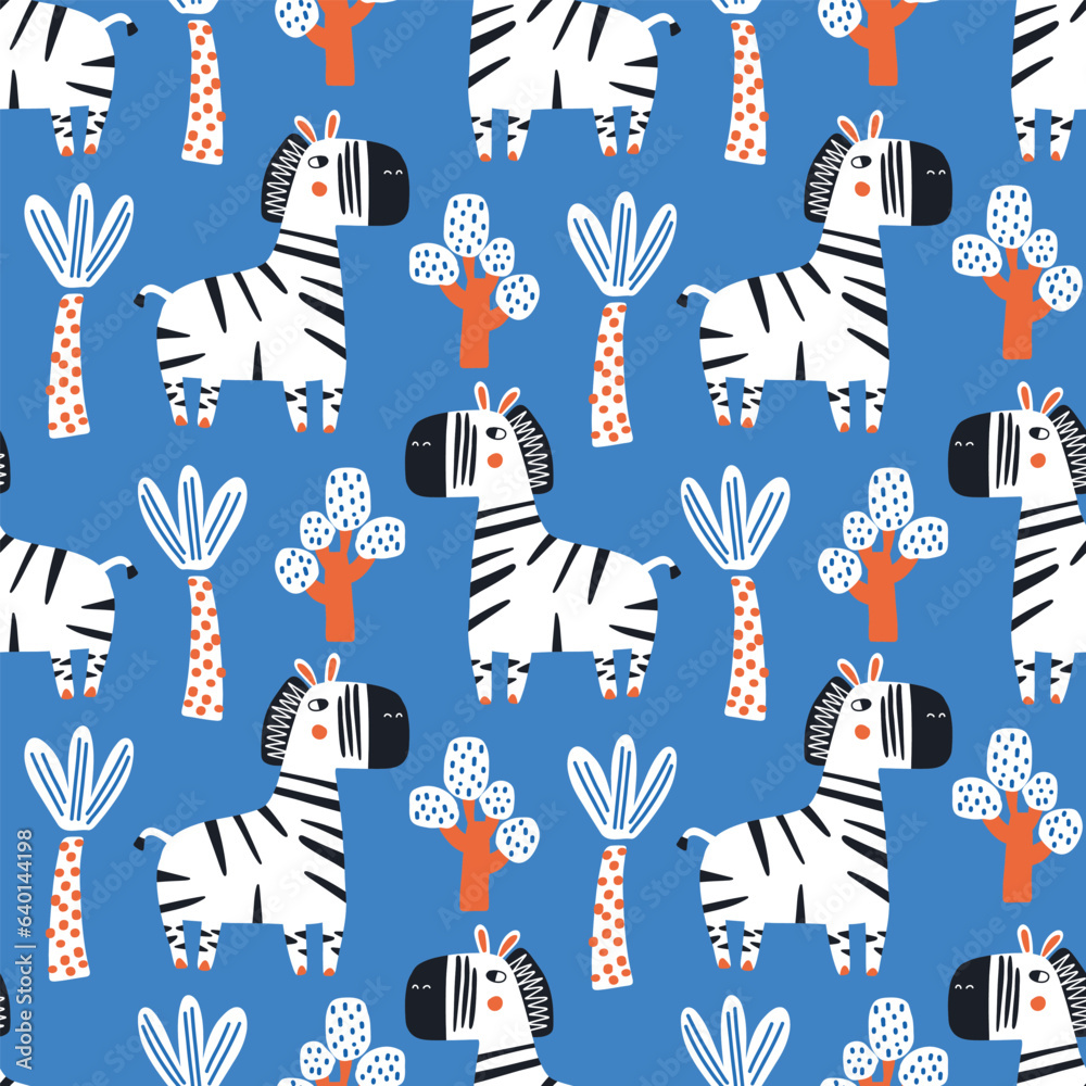 Childish seamless repeating simple flat pattern with zebras on a blue background. Cute baby animals. Pattern for kids with animals.