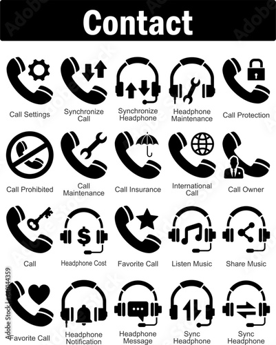 A set of 20 contact icons as call settings, synchronize call, synchronize headphone