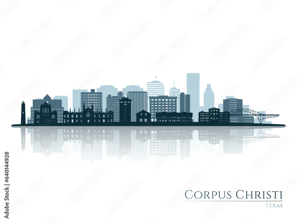 Corpus Christi skyline silhouette with reflection. Landscape Corpus Christi, Texas. Vector illustration.