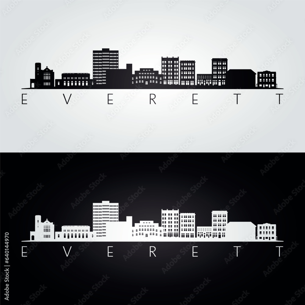 Everett, WA skyline and landmarks silhouette, black and white design, vector illustration.