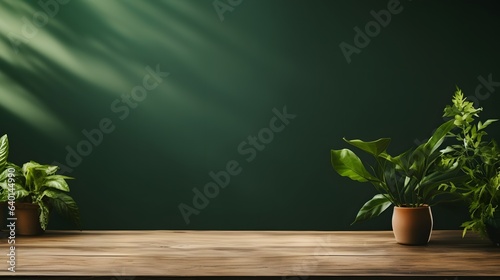wood table green wall background with sunlight window create leaf shadow on wall with blur indoor green plant foreground.panoramic banner mockup for display of product.eco friendly, AI Generative