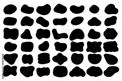Black organic abstract shapes. Seamless print of rough irregular blob splotch circles and waves. Vector modern amorphous geometric elements