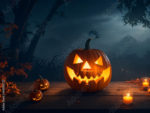 Halloween pumpkin with lantern on wooden table, jungle background, smoke, dark theme.