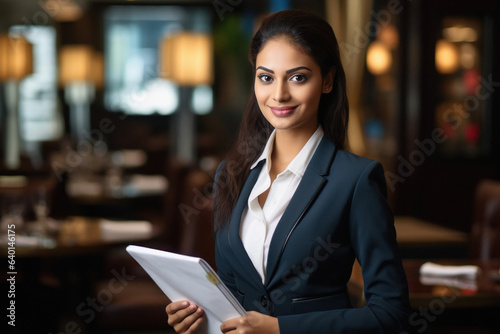 Young businesswoman or corporate employee at restaurant