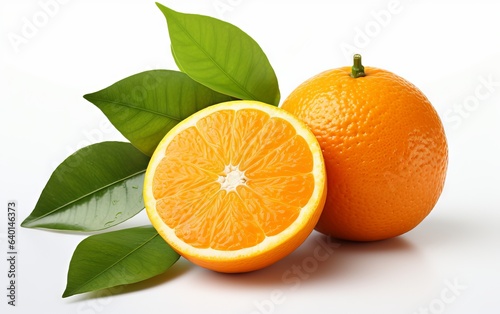 Delicious orange with leaves  isolated on white background