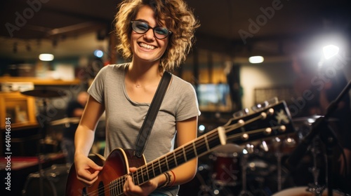 Smiling female musician with glasses. Generative AI