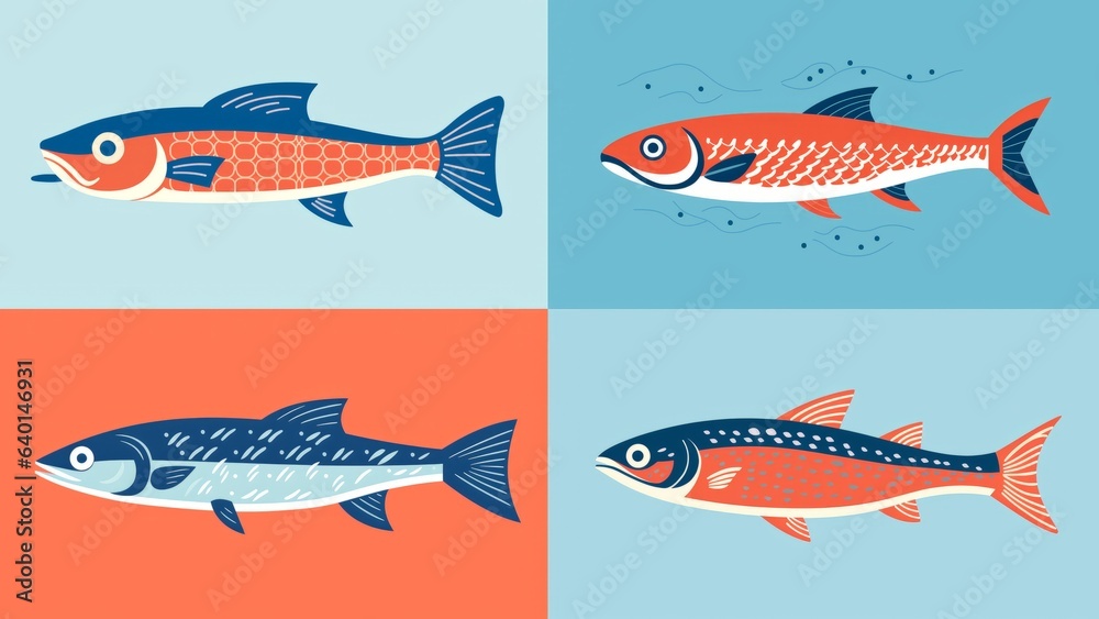 Fototapeta premium Set of 4 fish. Cards, banner, mock up, cover, product design. Retro - minimalist illustration. AI generative. 