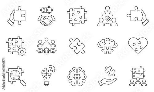 Jigsaw Puzzle, Teamwork Collaboration Outline Symbol Set. Unity Together, Team Building Linear Pictogram. Partnership, Business Cooperation Line Icon. Editable Stroke. Isolated Vector Illustration