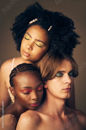 Diversity, beauty and skin, makeup and people, dermatology and inclusion isolated on studio background. Gen z, young women and man with face, equality and cosmetics with skincare and wellness