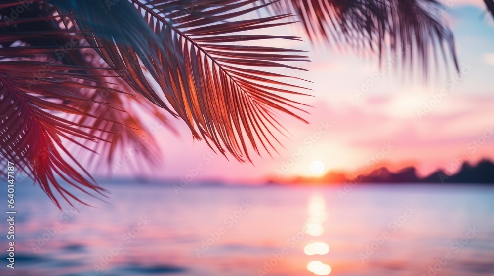 Close up of palm leaves with sunset sea in soft tones. Beautiful nature background.