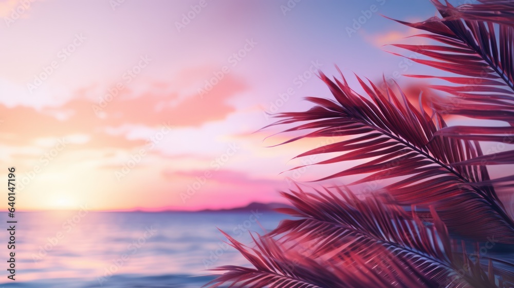 Close up of palm leaves with sunset sea in soft tones. Beautiful nature background. - obrazy, fototapety, plakaty 