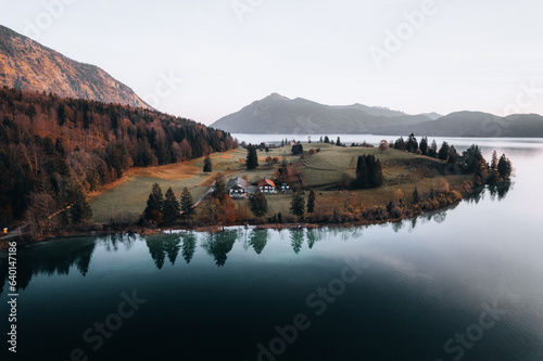 Fototapeta Naklejka Na Ścianę i Meble -  Aerial Photo of Lake Walchensee, behind Jochberg, Upper Bavaria, Germany Europe