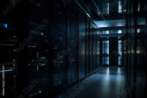 Data Processing Hub. Server racks and supercomputers in a well-equipped room. Cutting-edge lab arrangement. Corridor inside a thriving data center.