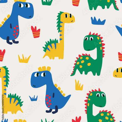 Fototapeta Naklejka Na Ścianę i Meble -  Childish repeating pattern with dinosaurs in Scandinavian style. Childish seamless pattern with hand-drawn dinosaurs.
