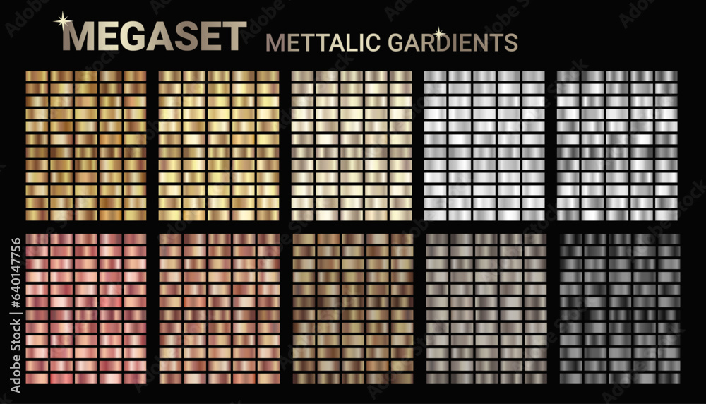 Silver metal gradients vector set. Gold, bronze metallic gradients. Collection of golden, chrome metal color palette swatches for background, certificate, ribbon etc. Vector color gradations EPS10