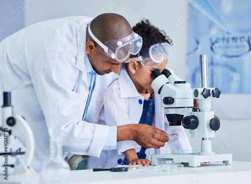 Lab test, father and child with microscope for learning, research and science study. Scientist, student and chemistry project with a dad and young girl with medical education and laboratory analysis