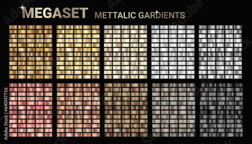 Silver metal gradients vector set. Gold, bronze metallic gradients. Collection of golden, chrome metal color palette swatches for background, certificate, ribbon etc. Vector color gradations EPS10