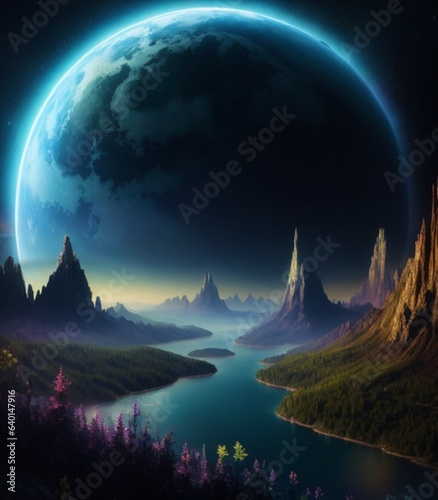 Fantasy landscape planet. Mountain and lake. Big full moon in the sky illustration. Generative Ai