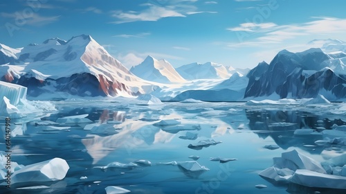a painting of icebergs floating in the water with mountains in the background. generative ai