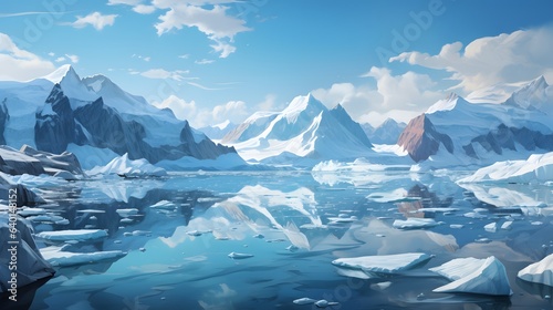 a painting of icebergs floating in the water with mountains in the background. generative ai © Lucky Ai
