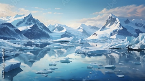 a painting of icebergs floating in the water with mountains in the background. generative ai