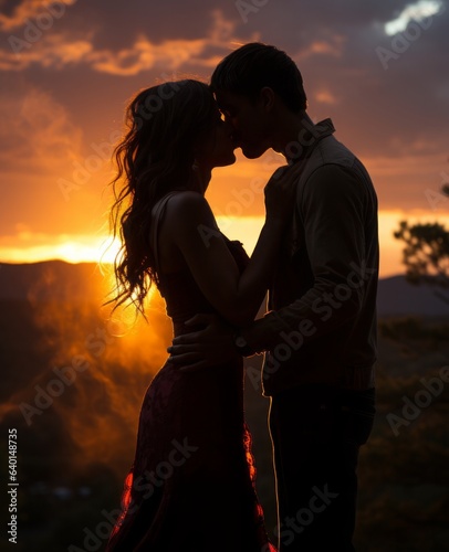 A silhouette of a kiss against_a vibrant sunset back dropn