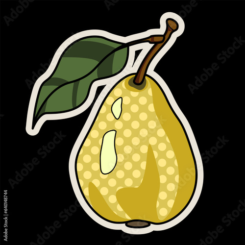 Cute Retro Green colorful pear fruit icon isolated on Black background. Sweet Fruit Stickers. Suitable for illustrating healthy eating, recipes, local farm. Card with pears stickers.