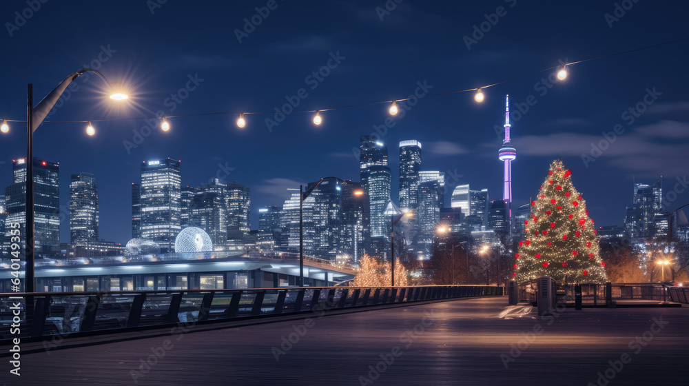 city at night with decorated christmas tree