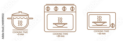 Cooking type and cooking time icon. The cooking time for food in a saucepan, microwave and oven. Instructions for packaging food products. Isolated vector elements.