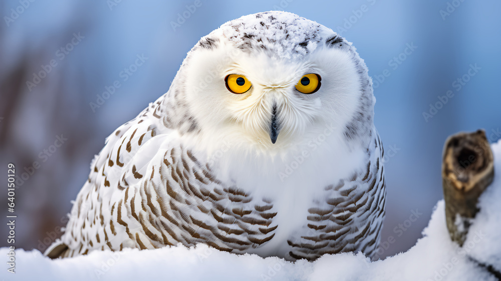 a vigilant snowy owl perched atop a snow-covered branch, its piercing yellow eyes scanning the frozen landscape for signs of movement. 
