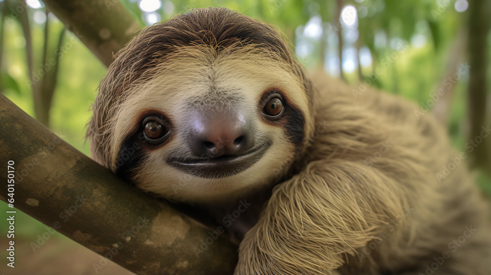 a contented sloth leisurely hanging from a tree branch, its slow movements echoing the tranquil pace of its rainforest habitat. a contented sloth leisurely hanging from a tree branch, its slow movements echoing the tranquil pace of its rainforest habitat.